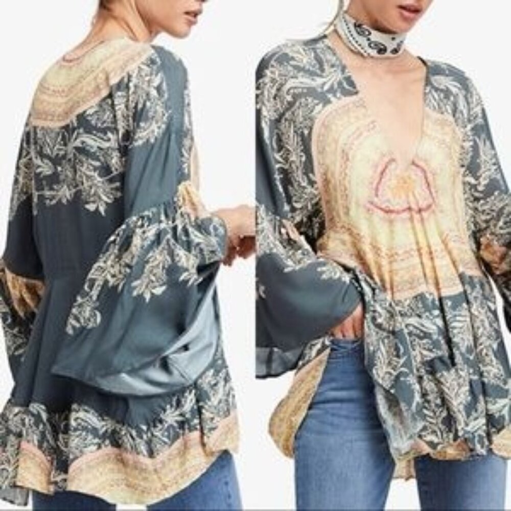Free People Sunset Dreams Gray Ruffle Tunic
